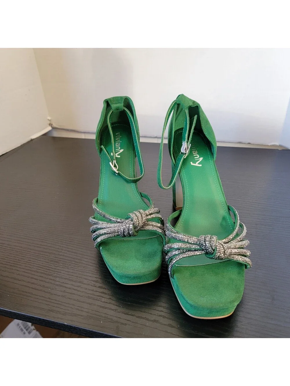 Vivianly Green Faux Suede Rhinestone Knot Platform Heels